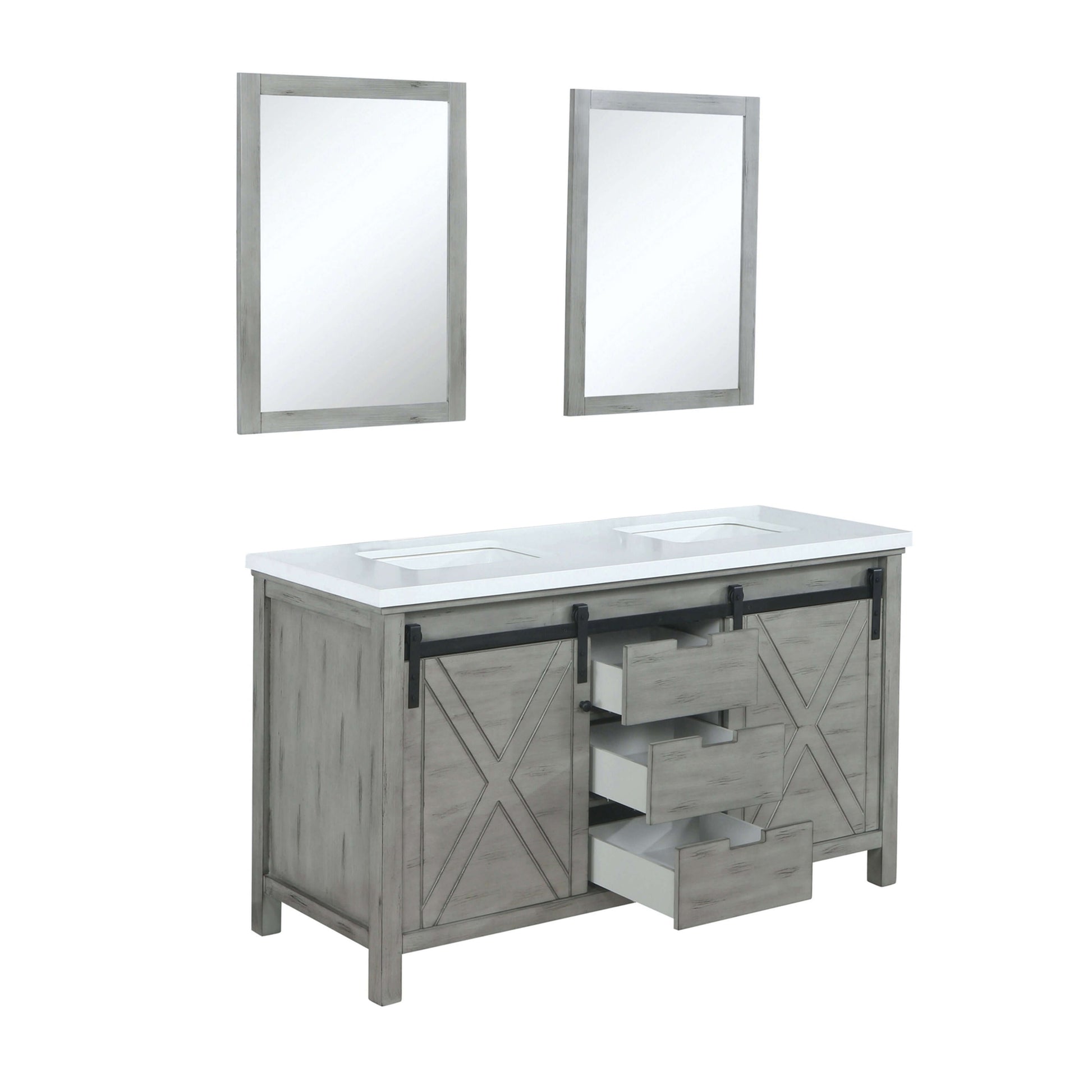 Marsyas 60" Ash Grey Double Vanity, White Quartz Top, White Square Sinks and 24" Mirrors - LM342260DHCSM24