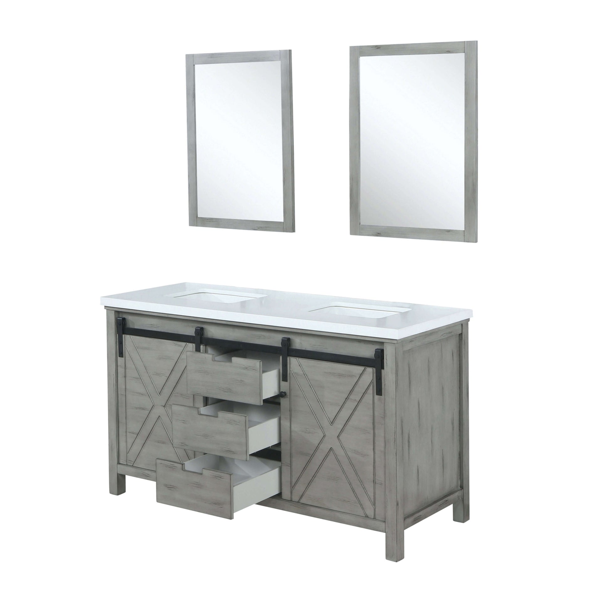 Marsyas 60" Ash Grey Double Vanity, White Quartz Top, White Square Sinks and 24" Mirrors - LM342260DHCSM24