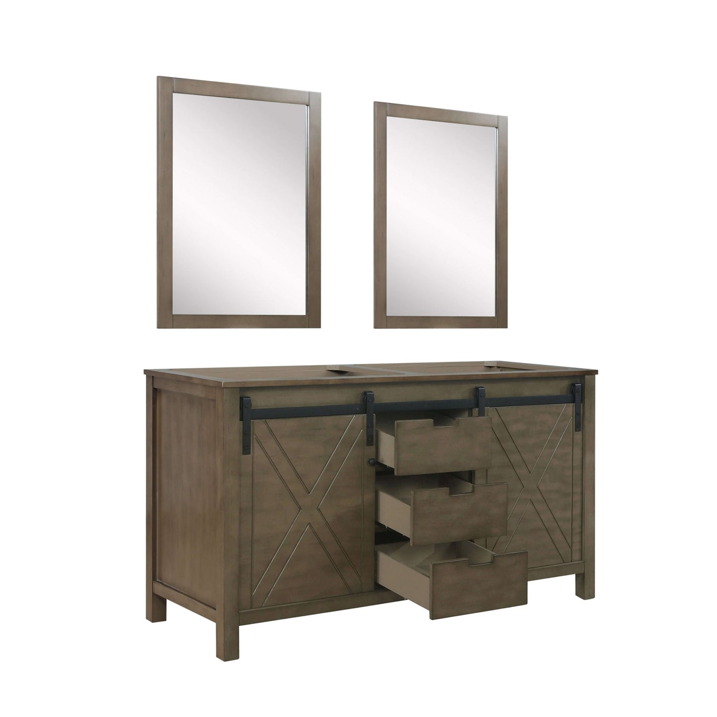 Marsyas 60" Rustic Brown Double Vanity, no Top and 24" Mirrors - LM342260DK00M24