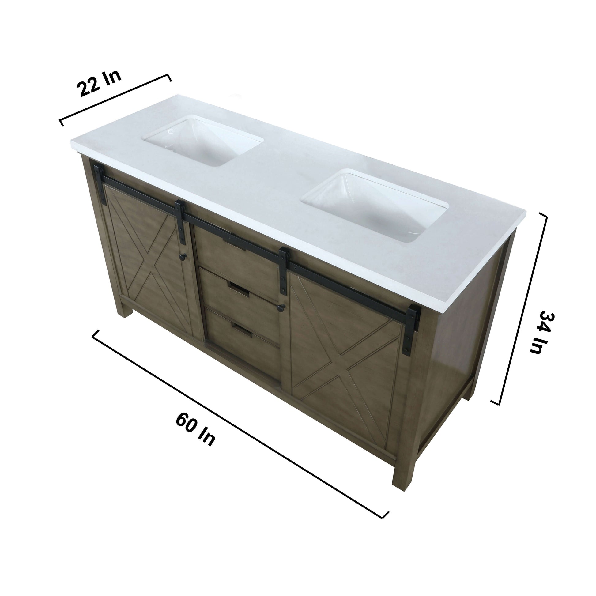 Marsyas 60" Rustic Brown Double Vanity, White Quartz Top, White Square Sinks and no Mirror - LM342260DKCS000