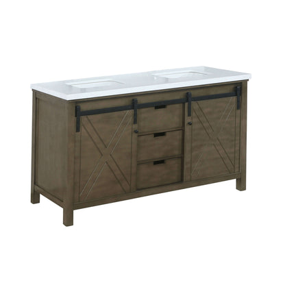 Marsyas 60" Rustic Brown Double Vanity, White Quartz Top, White Square Sinks and no Mirror - LM342260DKCS000