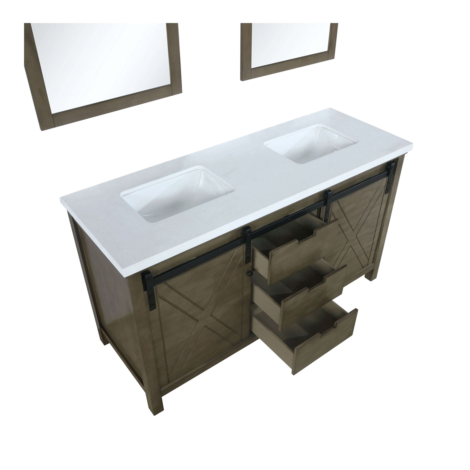 Marsyas 60" Rustic Brown Double Vanity, White Quartz Top, White Square Sinks and 24" Mirrors - LM342260DKCSM24