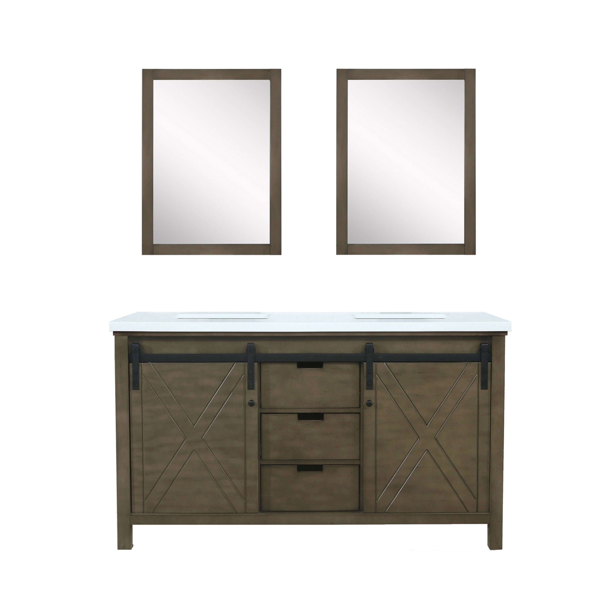 Marsyas 60" Rustic Brown Double Vanity, White Quartz Top, White Square Sinks and 24" Mirrors - LM342260DKCSM24