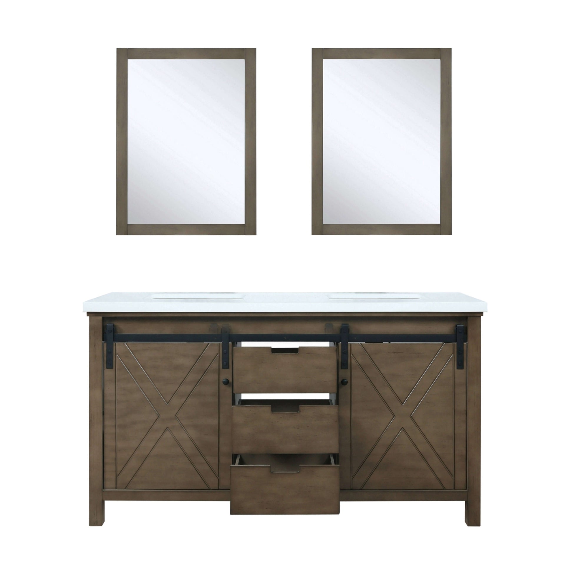 Marsyas 60" Rustic Brown Double Vanity, White Quartz Top, White Square Sinks and 24" Mirrors - LM342260DKCSM24