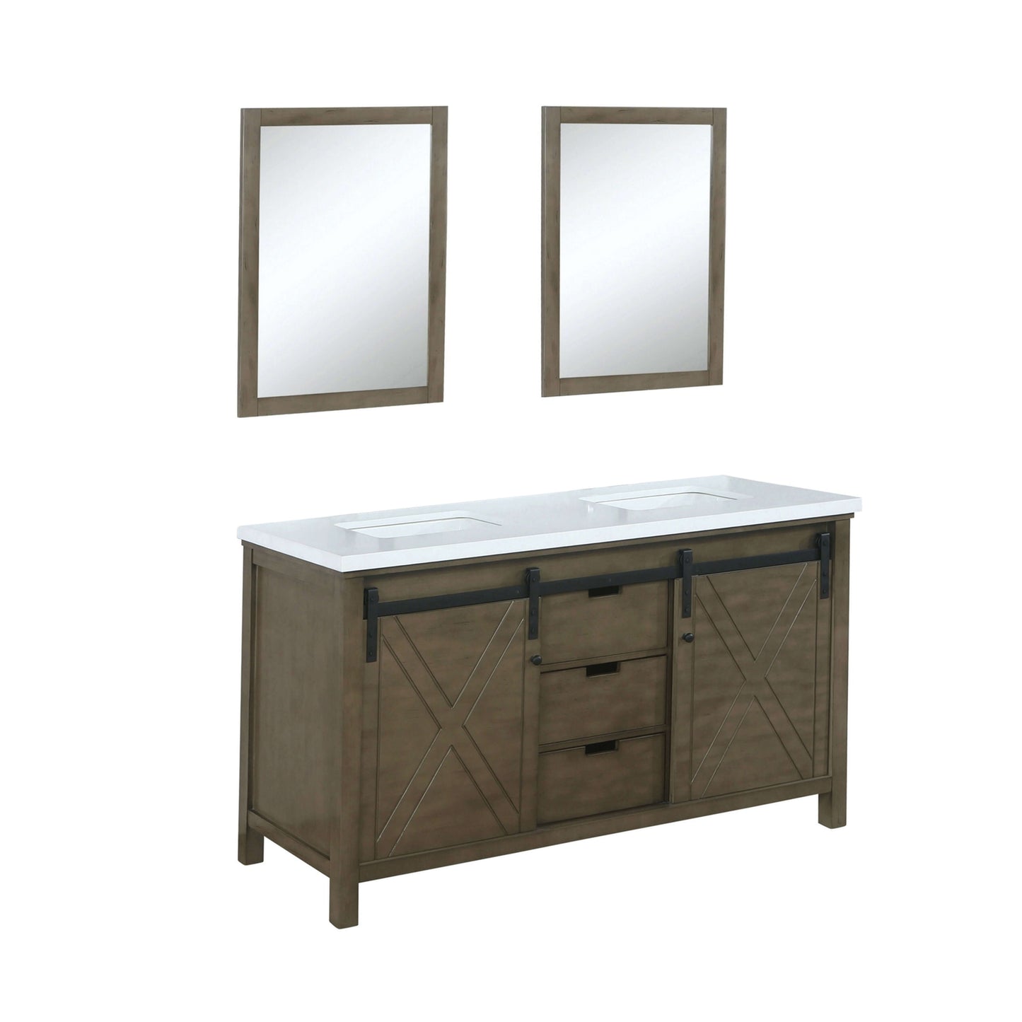 Marsyas 60" Rustic Brown Double Vanity, White Quartz Top, White Square Sinks and 24" Mirrors - LM342260DKCSM24