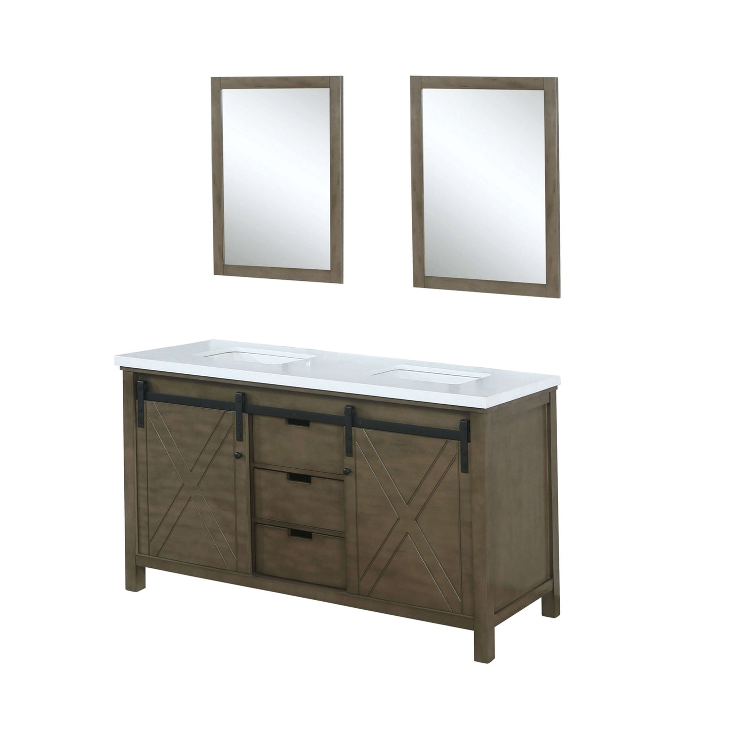 Marsyas 60" Rustic Brown Double Vanity, White Quartz Top, White Square Sinks and 24" Mirrors - LM342260DKCSM24