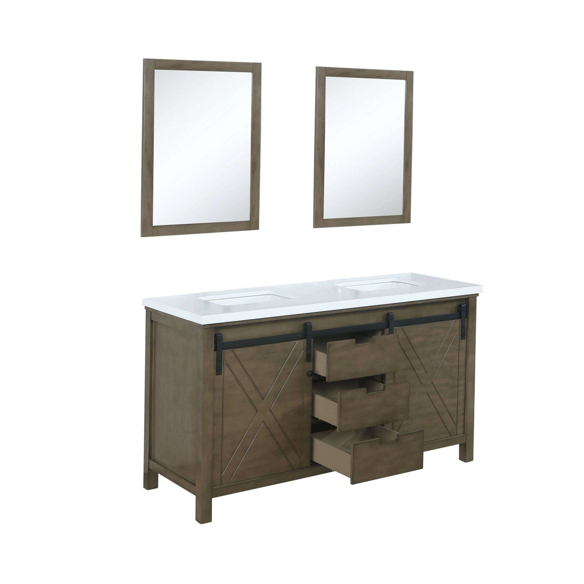 Marsyas 60" Rustic Brown Double Vanity, White Quartz Top, White Square Sinks and 24" Mirrors - LM342260DKCSM24