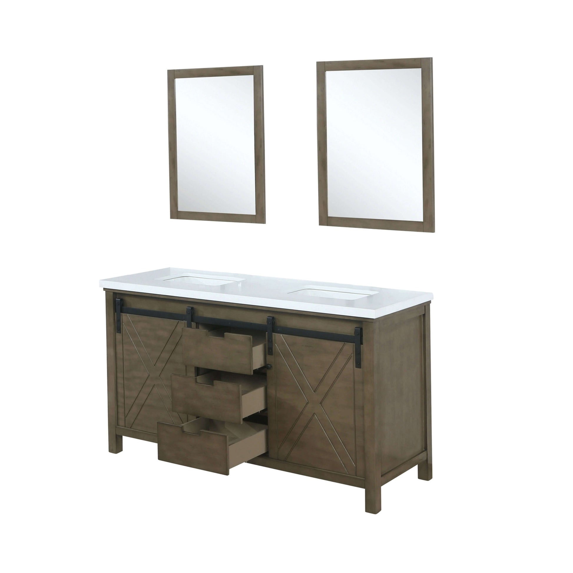 Marsyas 60" Rustic Brown Double Vanity, White Quartz Top, White Square Sinks and 24" Mirrors - LM342260DKCSM24