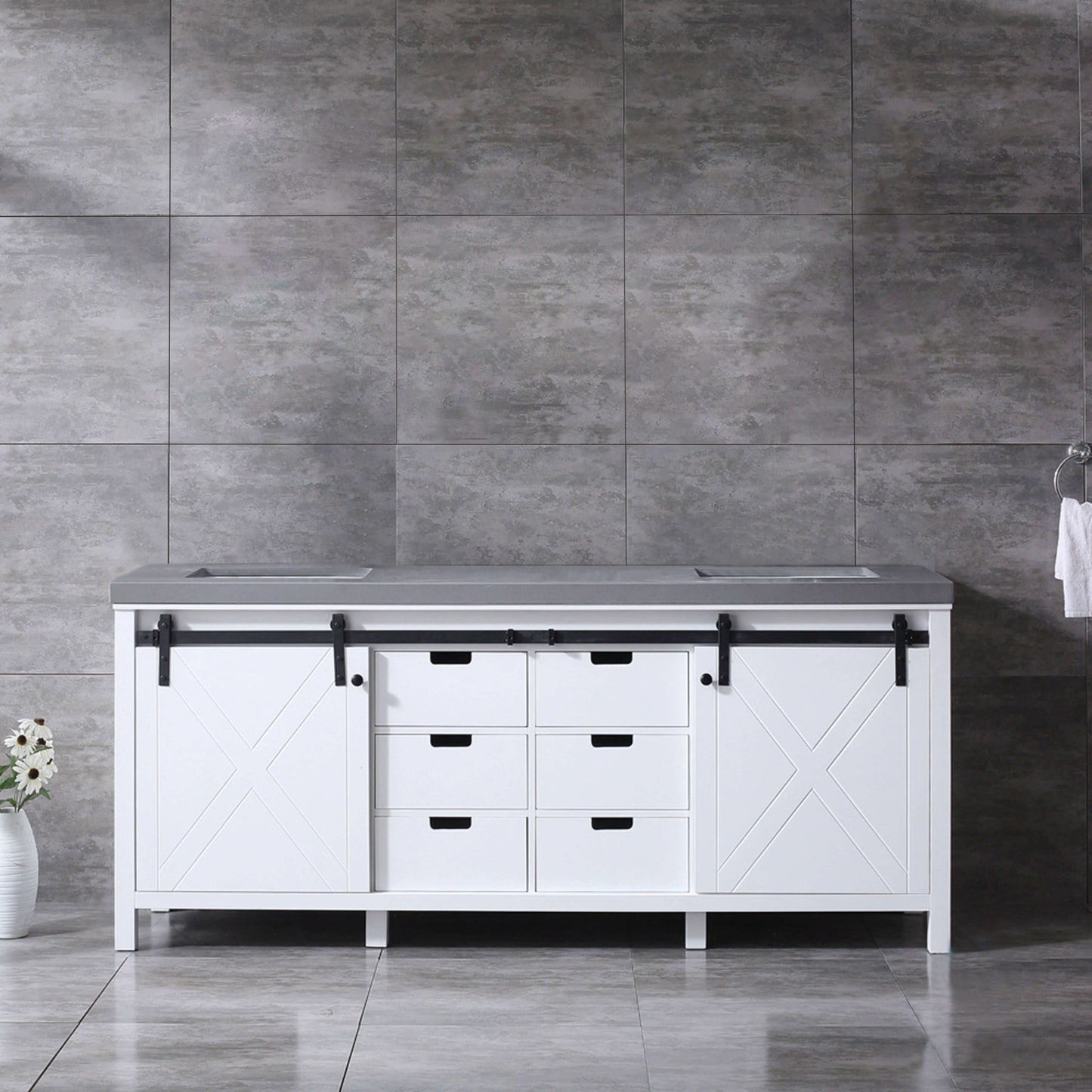 Marsyas 80" White Double Vanity, Grey Quartz Top, White Square Sinks and no Mirror - LM342280DAAS000