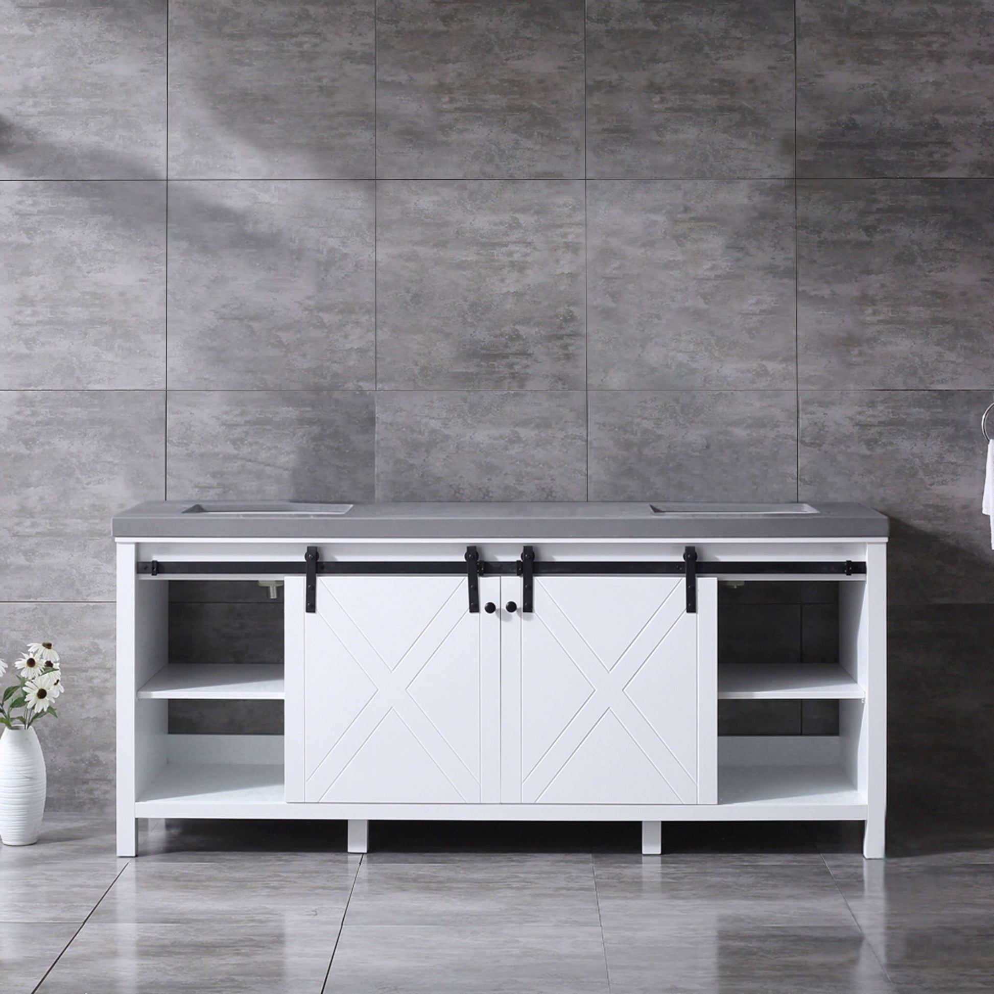 Marsyas 80" White Double Vanity, Grey Quartz Top, White Square Sinks and no Mirror - LM342280DAAS000