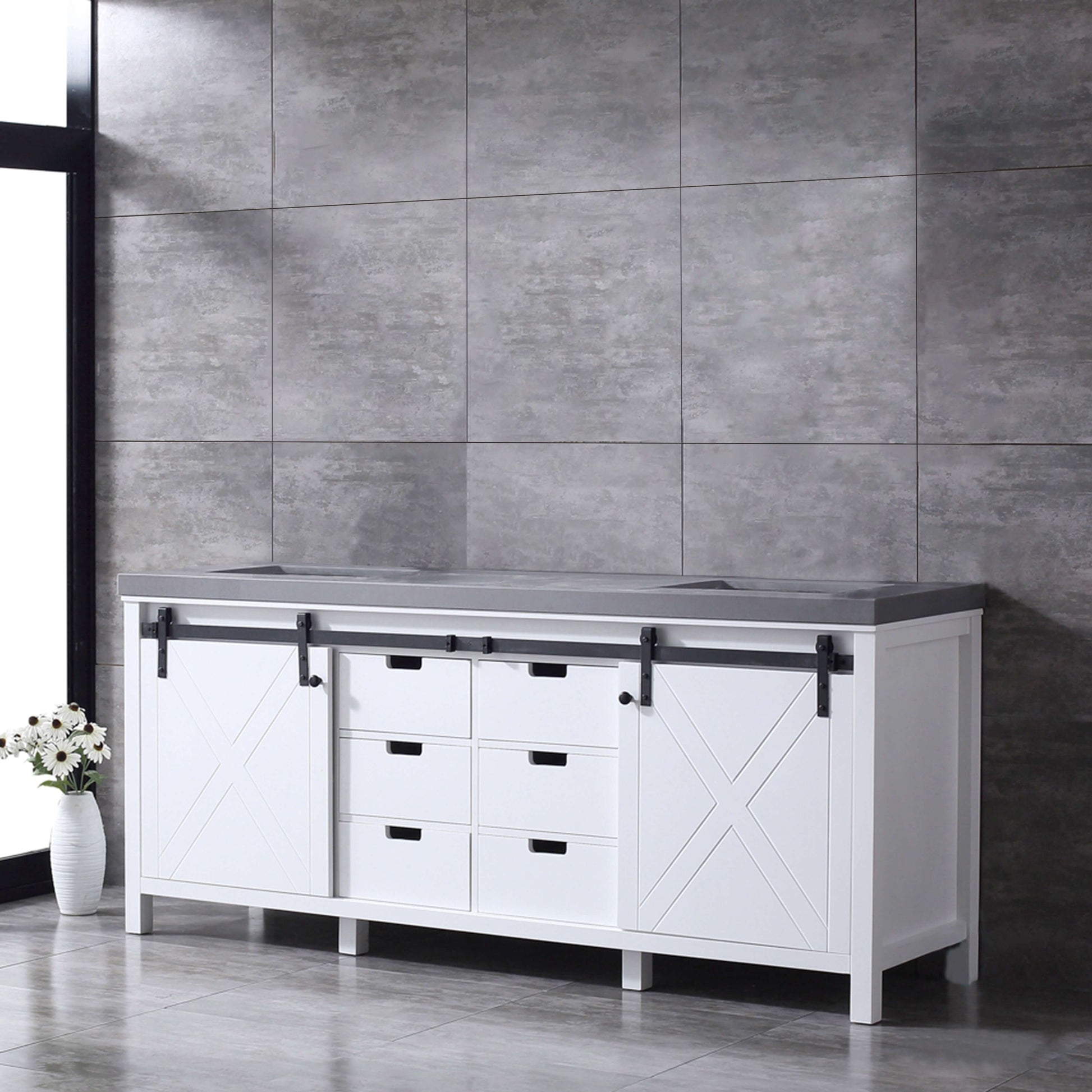 Marsyas 80" White Double Vanity, Grey Quartz Top, White Square Sinks and no Mirror - LM342280DAAS000