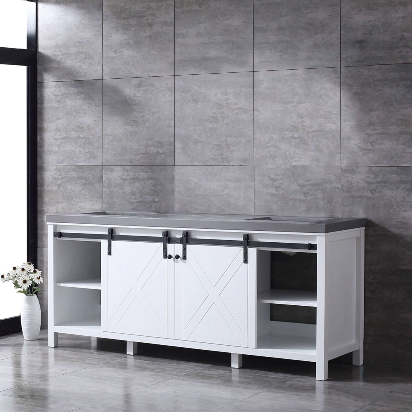 Marsyas 80" White Double Vanity, Grey Quartz Top, White Square Sinks and no Mirror - LM342280DAAS000