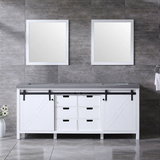 Marsyas 80" White Double Vanity, Grey Quartz Top, White Square Sinks and 30" Mirrors - LM342280DAASM30