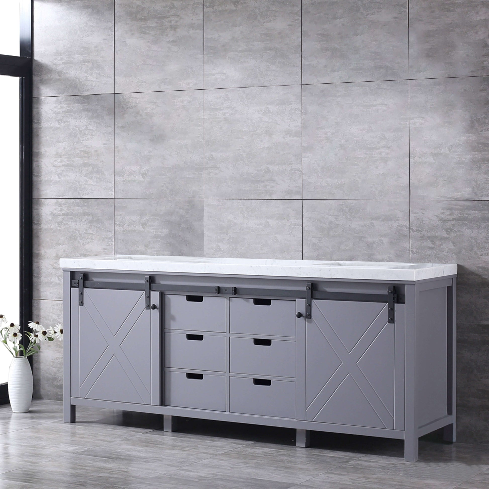 Marsyas 80" Dark Grey Double Vanity, White Carrara Marble Top, White Square Sinks and no Mirror - LM342280DBBS000