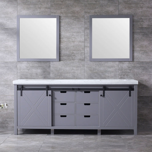 Marsyas 80" Dark Grey Double Vanity, White Carrara Marble Top, White Square Sinks and 30" Mirrors - LM342280DBBSM30