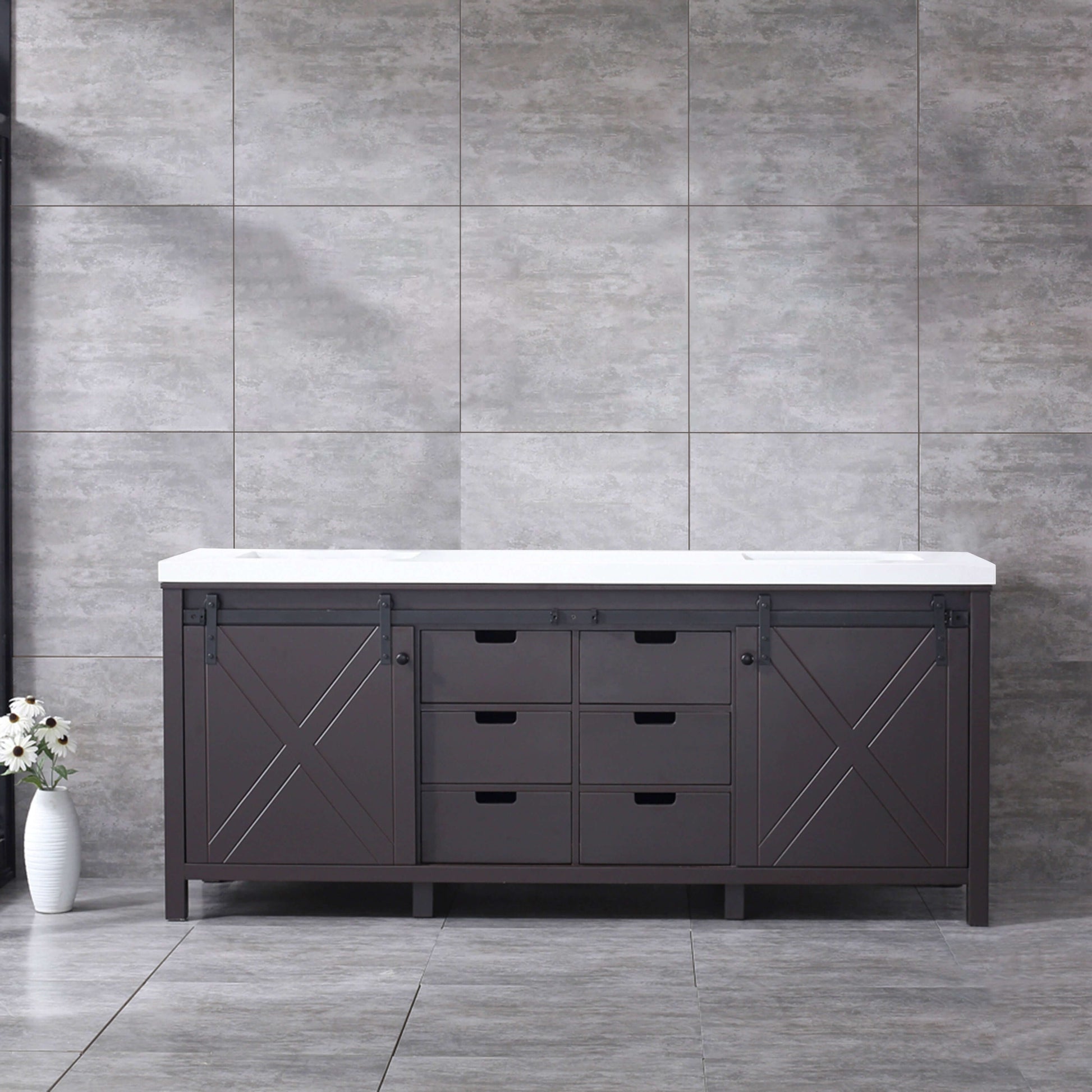 Marsyas 80" Brown Double Vanity, White Quartz Top, White Square Sinks and no Mirror - LM342280DCCS000