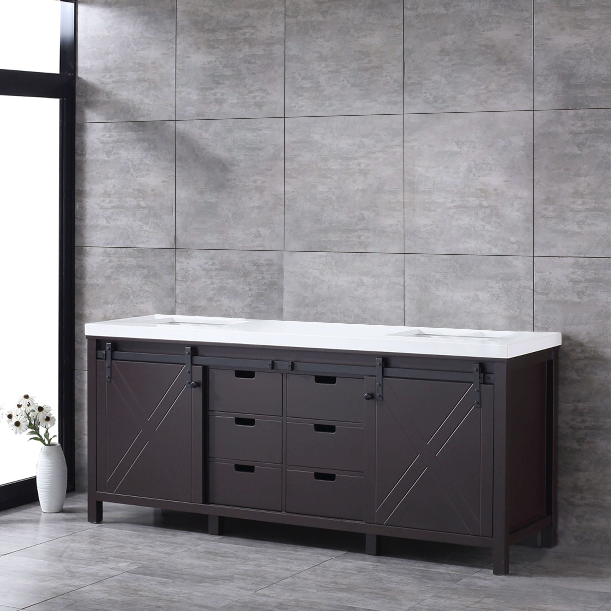 Marsyas 80" Brown Double Vanity, White Quartz Top, White Square Sinks and no Mirror - LM342280DCCS000