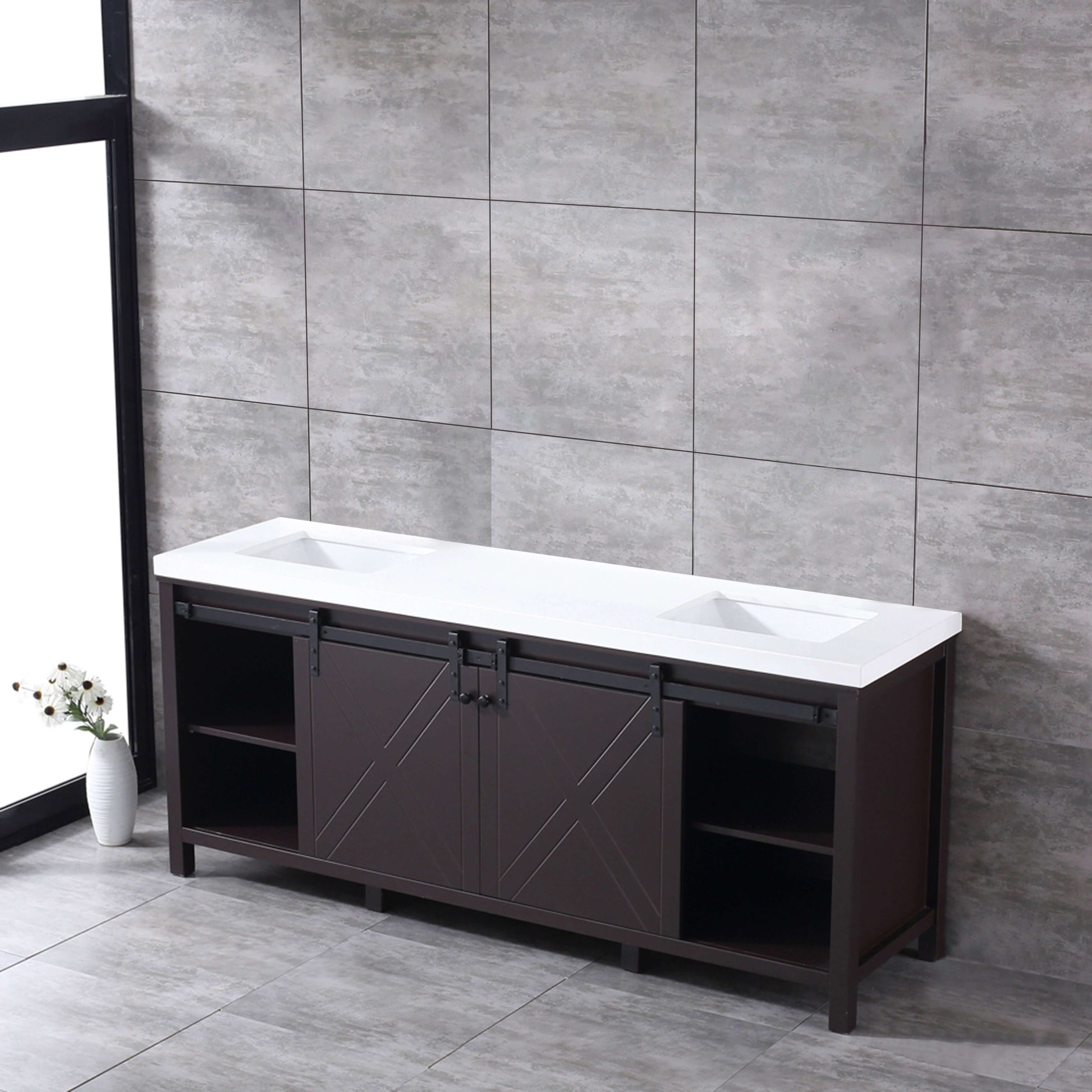 Marsyas 80" Brown Double Vanity, White Quartz Top, White Square Sinks and no Mirror - LM342280DCCS000