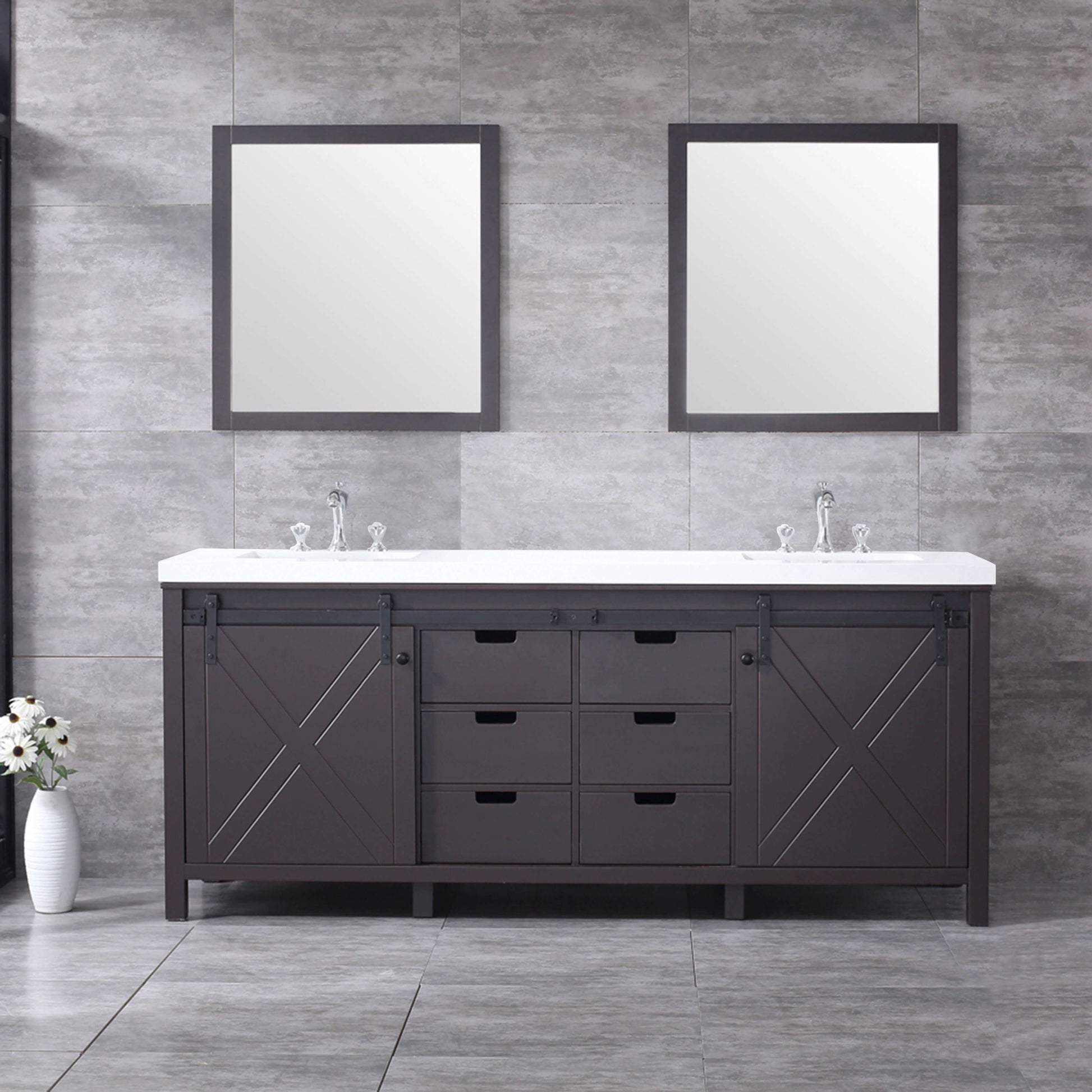 Marsyas 80" Brown Double Vanity, White Quartz Top, White Square Sinks and 30" Mirrors - LM342280DCCSM30