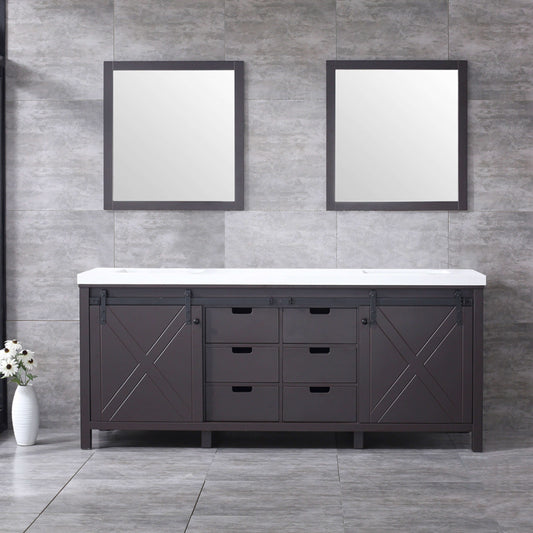 Marsyas 80" Brown Double Vanity, White Quartz Top, White Square Sinks and 30" Mirrors - LM342280DCCSM30