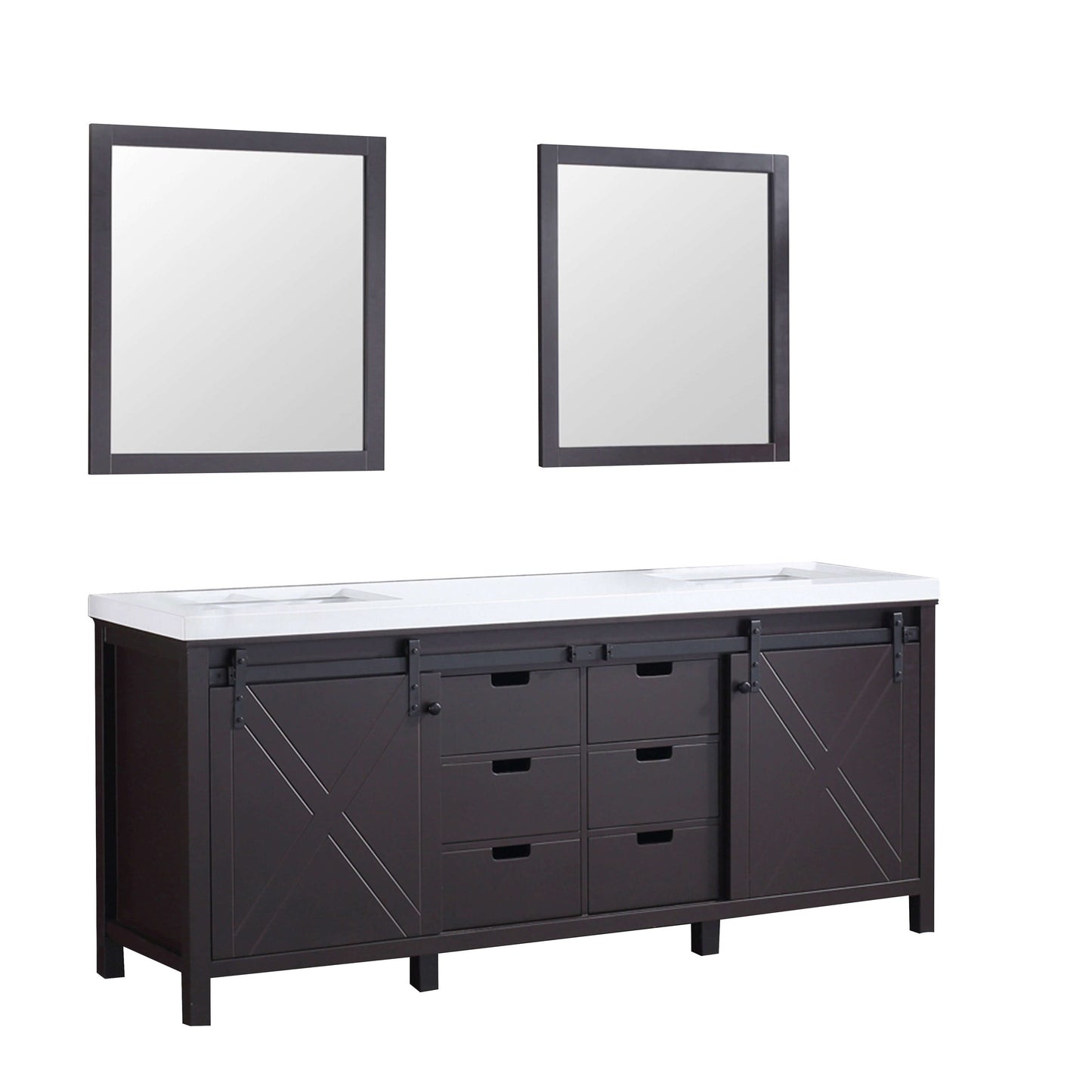 Marsyas 80" Brown Double Vanity, White Quartz Top, White Square Sinks and 30" Mirrors - LM342280DCCSM30