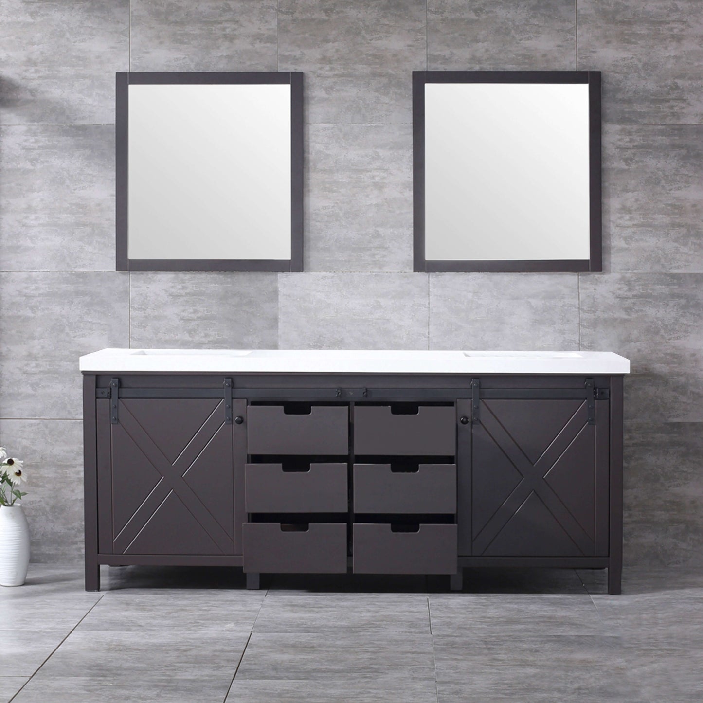 Marsyas 80" Brown Double Vanity, White Quartz Top, White Square Sinks and 30" Mirrors - LM342280DCCSM30