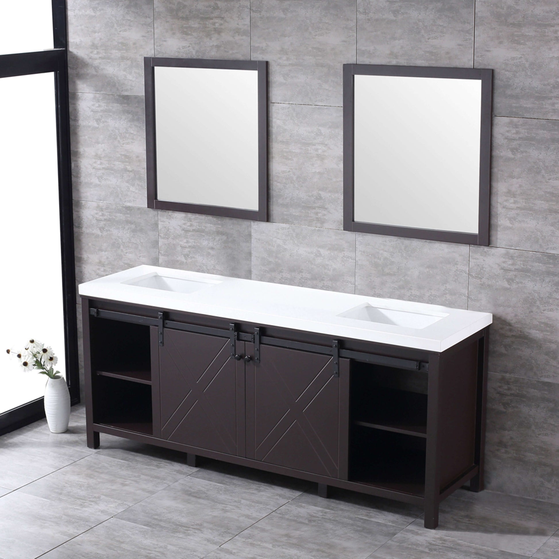 Marsyas 80" Brown Double Vanity, White Quartz Top, White Square Sinks and 30" Mirrors - LM342280DCCSM30