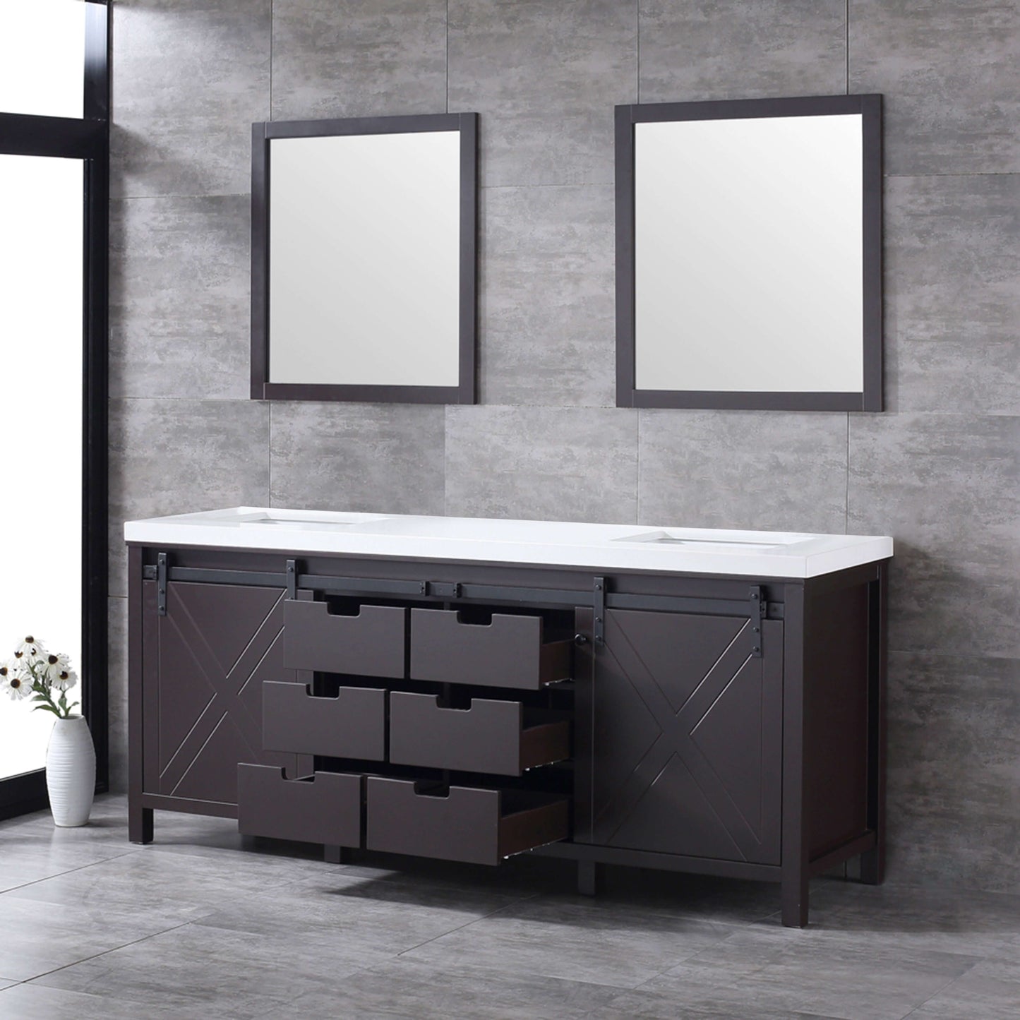 Marsyas 80" Brown Double Vanity, White Quartz Top, White Square Sinks and 30" Mirrors - LM342280DCCSM30