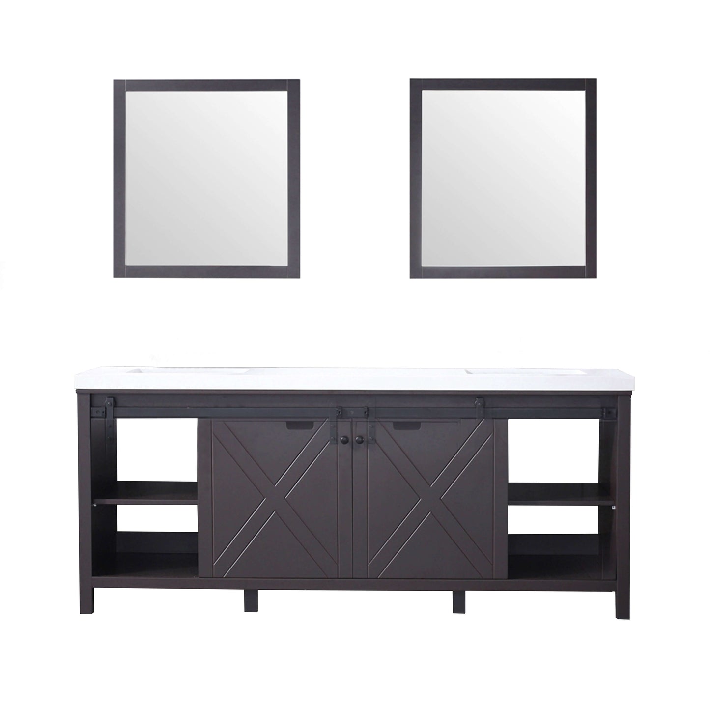 Marsyas 80" Brown Double Vanity, White Quartz Top, White Square Sinks and 30" Mirrors - LM342280DCCSM30