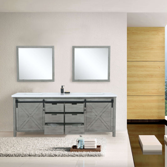 Marsyas 80" Ash Grey Double Vanity Ash Grey, White Quartz Top, White Square Sinks and 30" Mirrors - LM342280DHCSM30