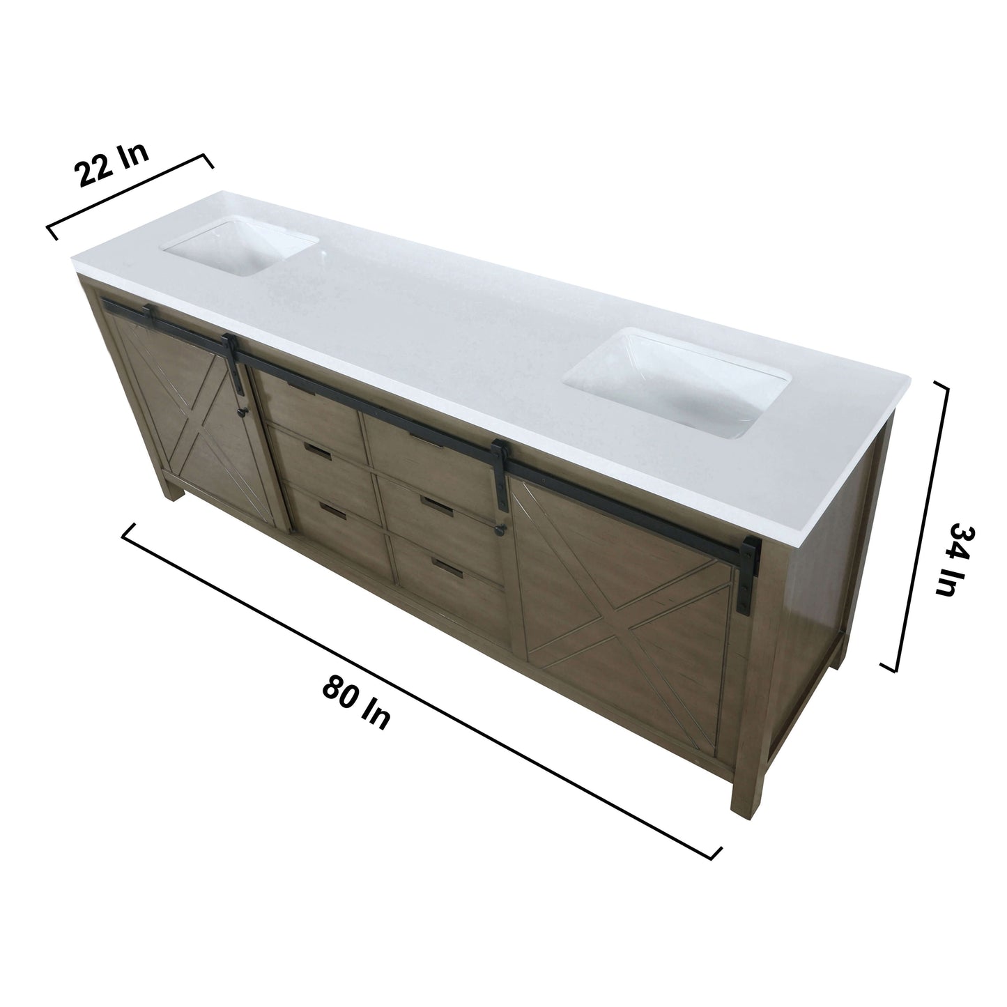 Marsyas 80" Rustic Brown Double Vanity, White Quartz Top, White Square Sinks and no Mirror - LM342280DKCS000