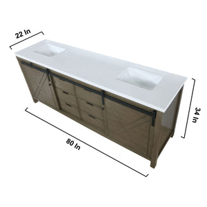 Marsyas 80" Rustic Brown Double Vanity, White Quartz Top, White Square Sinks and no Mirror - LM342280DKCS000
