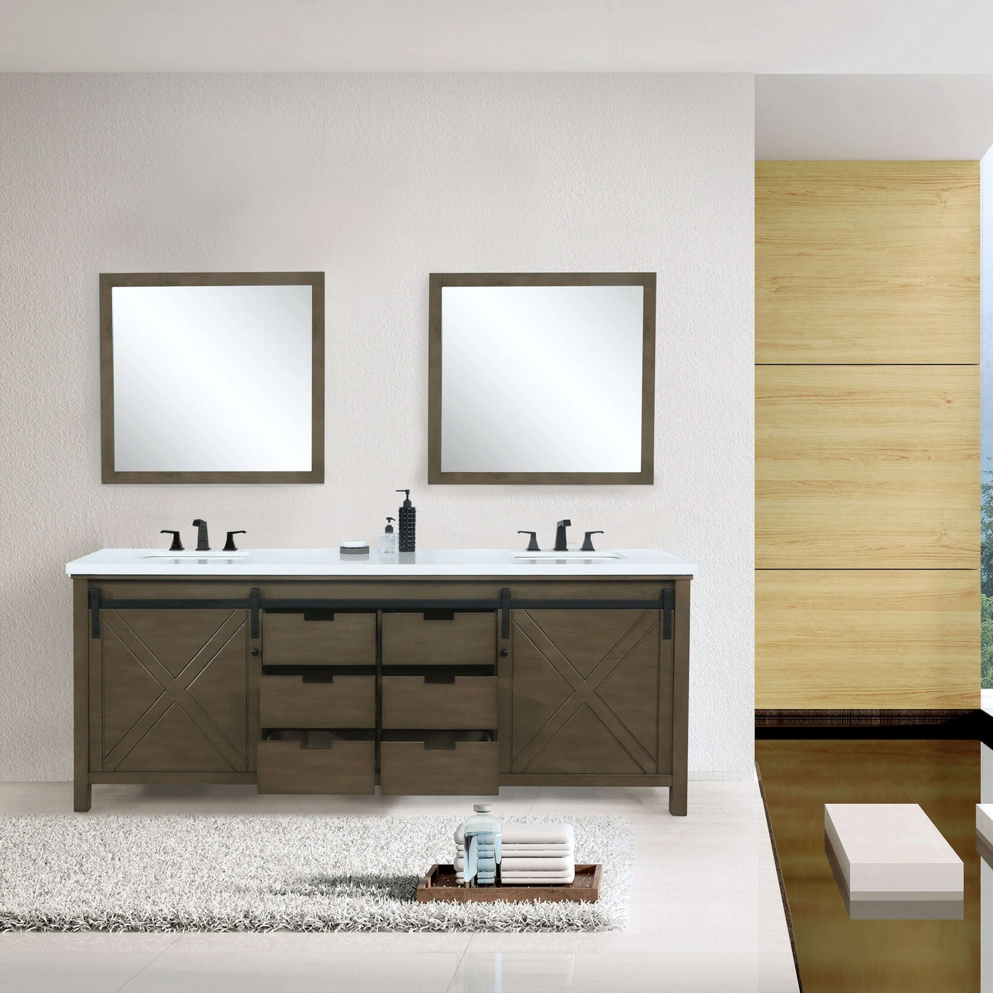 Marsyas 80" Rustic Brown Double Vanity, White Quartz Top, White Square Sinks and 30" Mirrors - LM342280DKCSM30