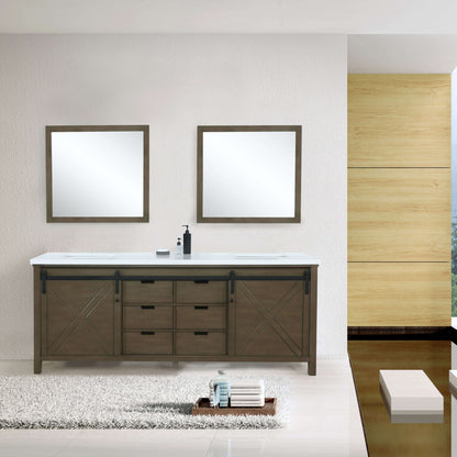 Marsyas 80" Rustic Brown Double Vanity, White Quartz Top, White Square Sinks and 30" Mirrors - LM342280DKCSM30