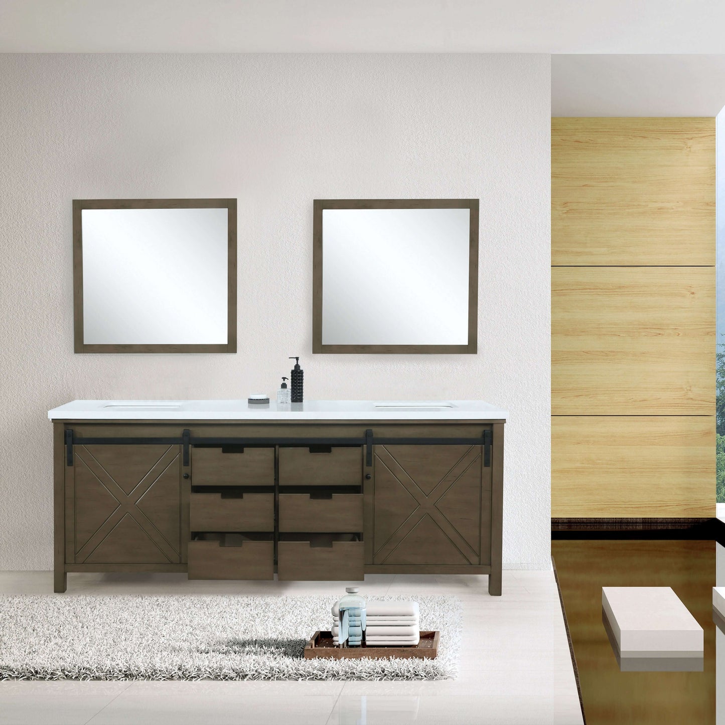 Marsyas 80" Rustic Brown Double Vanity, White Quartz Top, White Square Sinks and 30" Mirrors - LM342280DKCSM30