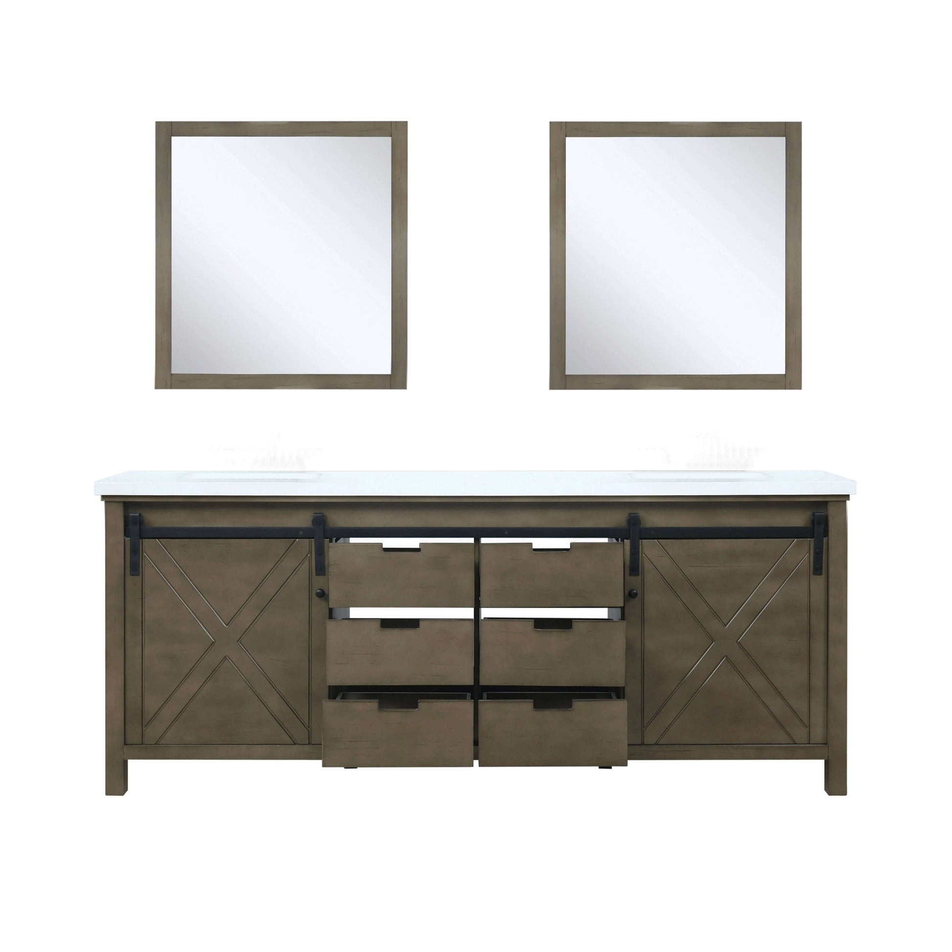 Marsyas 80" Rustic Brown Double Vanity, White Quartz Top, White Square Sinks and 30" Mirrors - LM342280DKCSM30