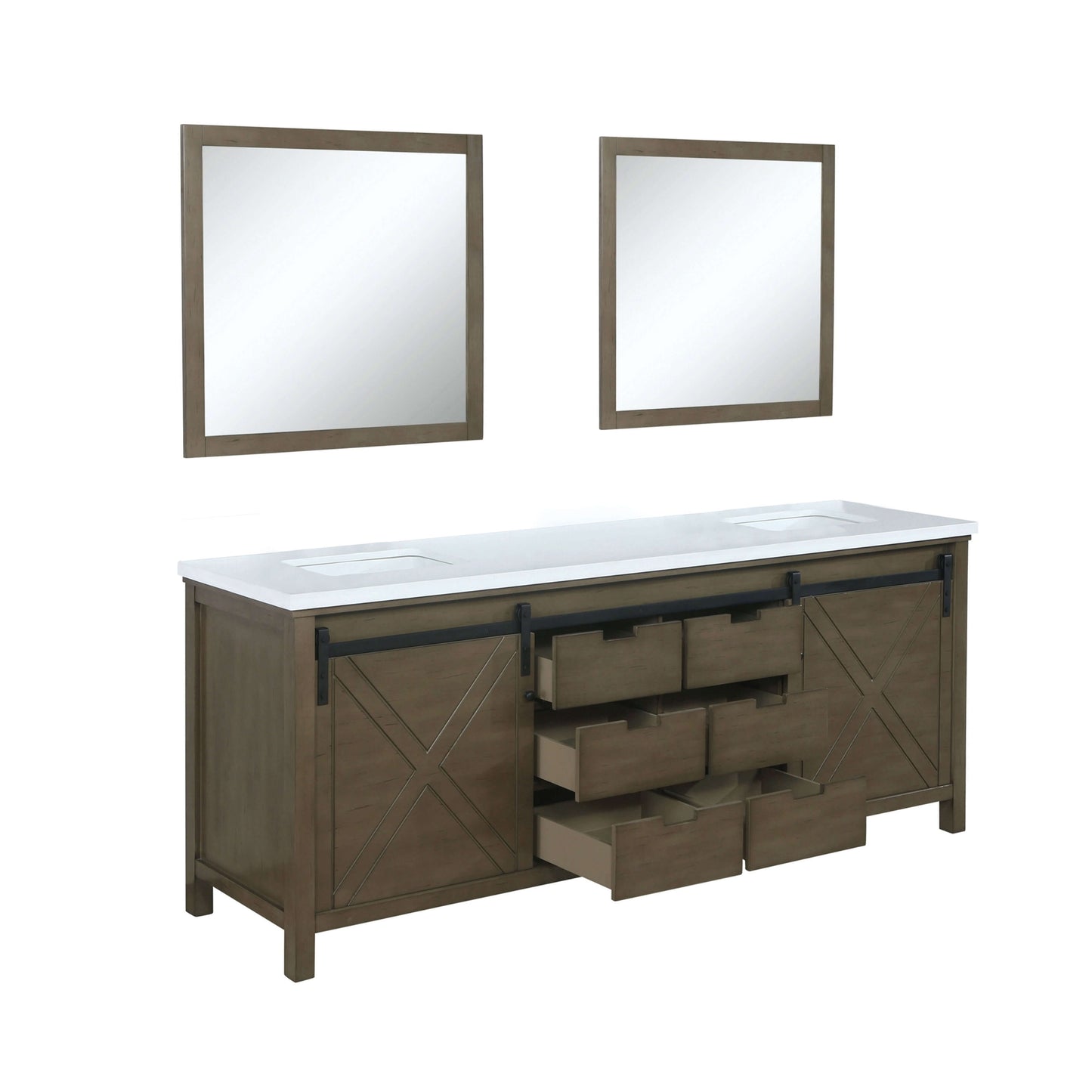 Marsyas 80" Rustic Brown Double Vanity, White Quartz Top, White Square Sinks and 30" Mirrors - LM342280DKCSM30