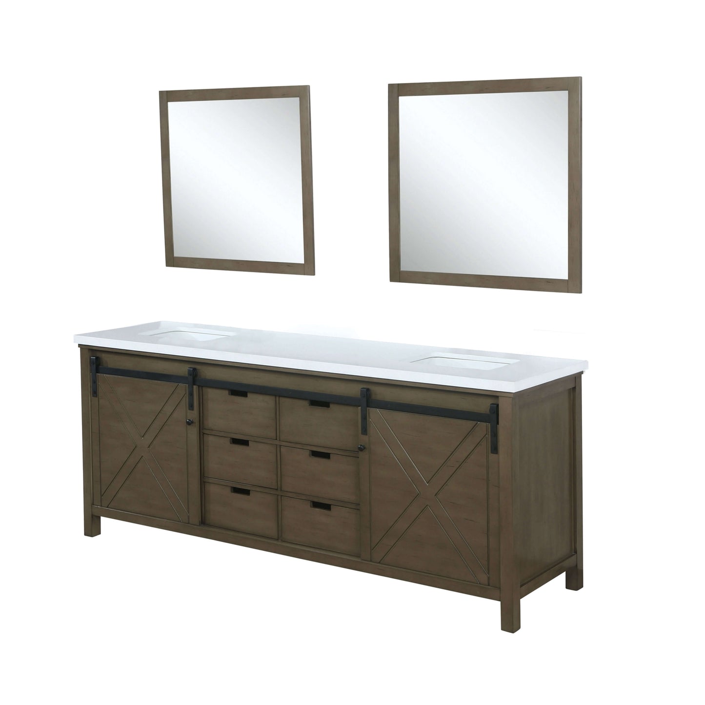 Marsyas 80" Rustic Brown Double Vanity, White Quartz Top, White Square Sinks and 30" Mirrors - LM342280DKCSM30