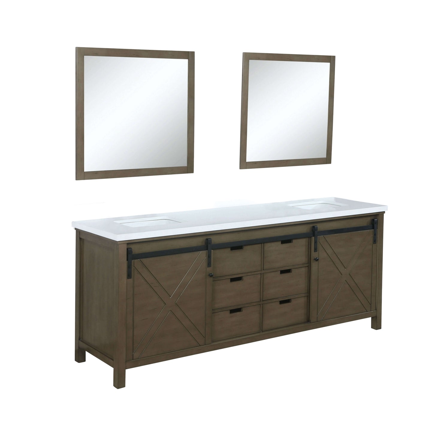 Marsyas 80" Rustic Brown Double Vanity, White Quartz Top, White Square Sinks and 30" Mirrors - LM342280DKCSM30