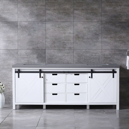 Marsyas 84" White Double Vanity, Grey Quartz Top, White Square Sinks and no Mirror - LM342284DAAS000