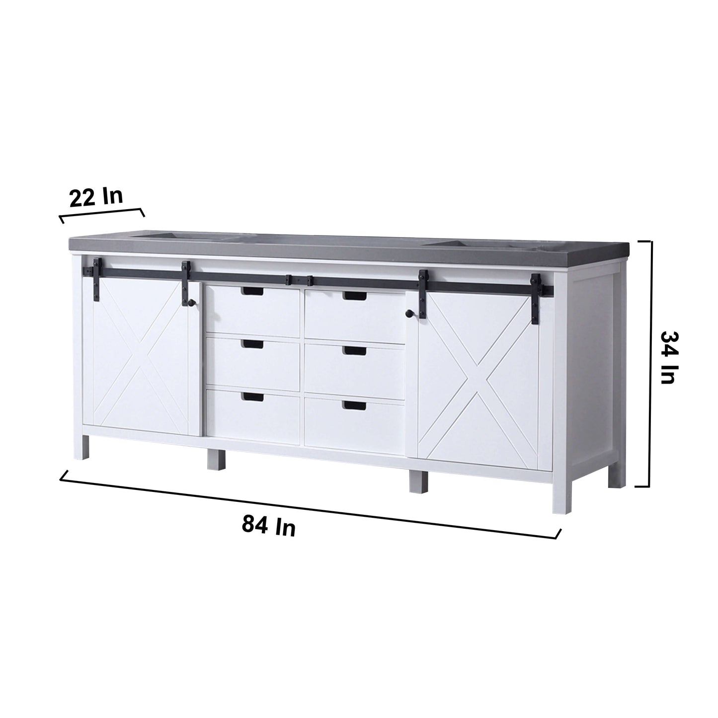 Marsyas 84" White Double Vanity, Grey Quartz Top, White Square Sinks and no Mirror - LM342284DAAS000