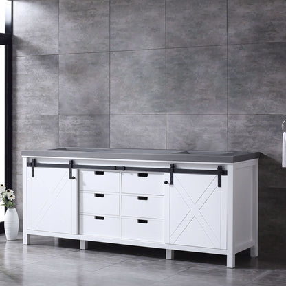 Marsyas 84" White Double Vanity, Grey Quartz Top, White Square Sinks and no Mirror - LM342284DAAS000