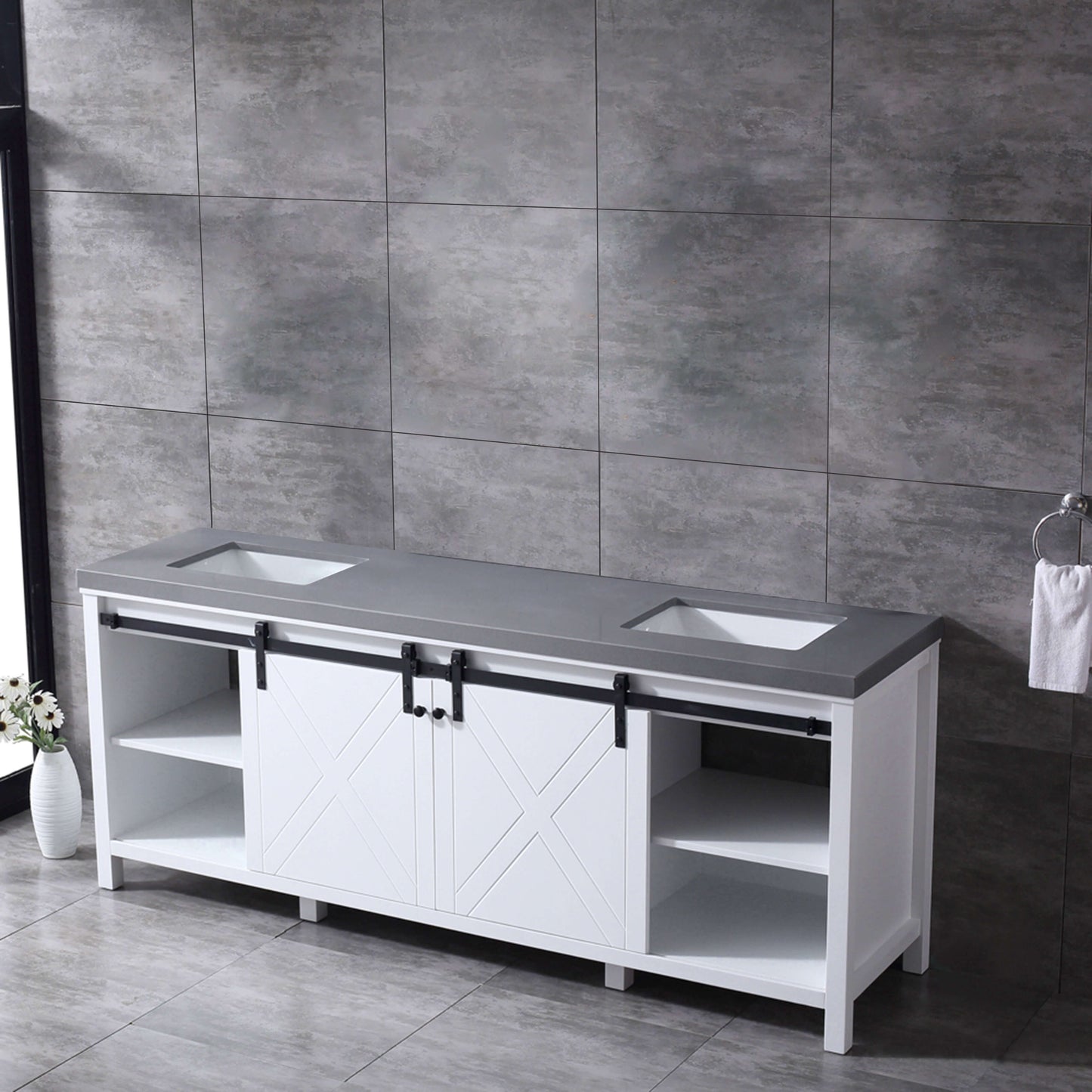 Marsyas 84" White Double Vanity, Grey Quartz Top, White Square Sinks and no Mirror - LM342284DAAS000