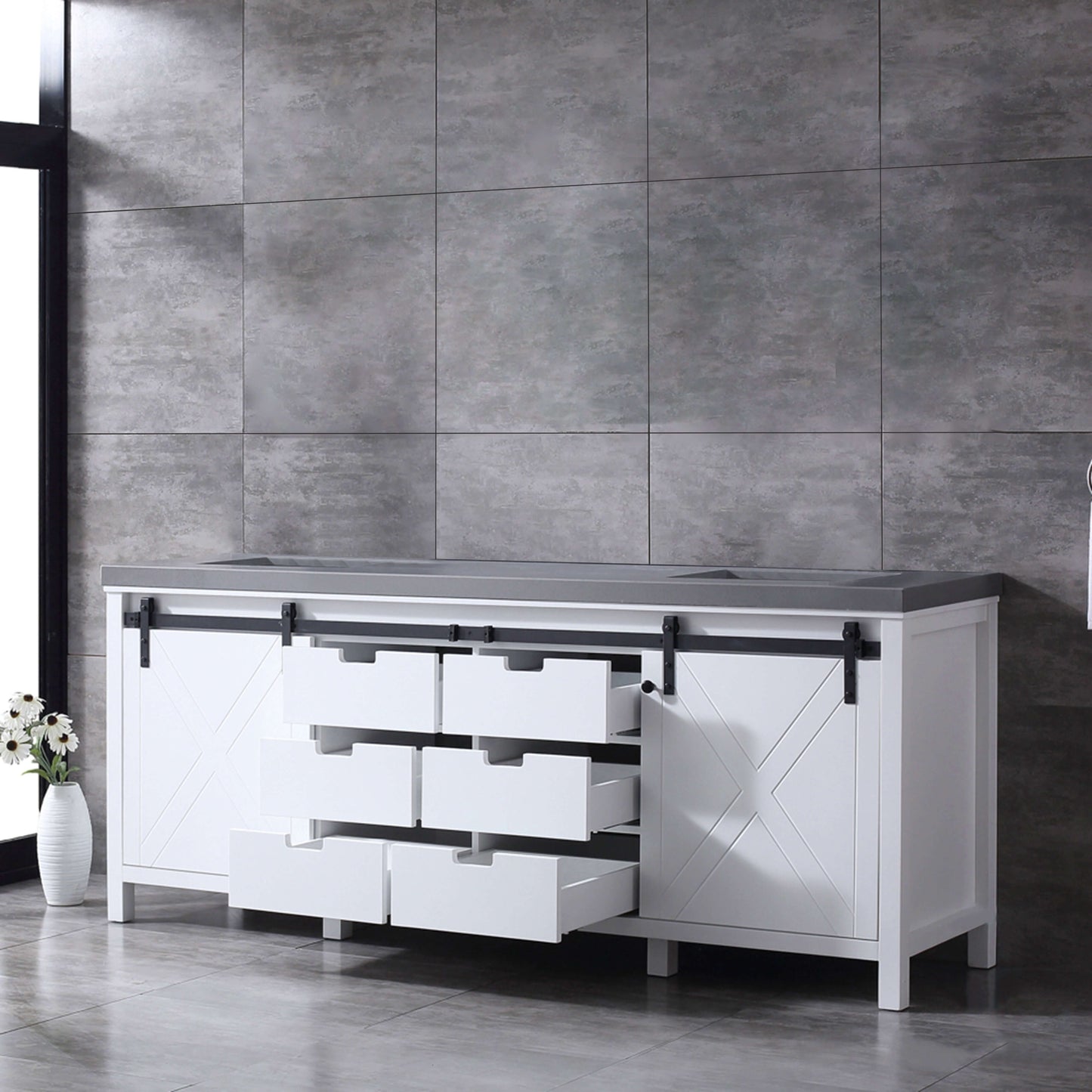 Marsyas 84" White Double Vanity, Grey Quartz Top, White Square Sinks and no Mirror - LM342284DAAS000