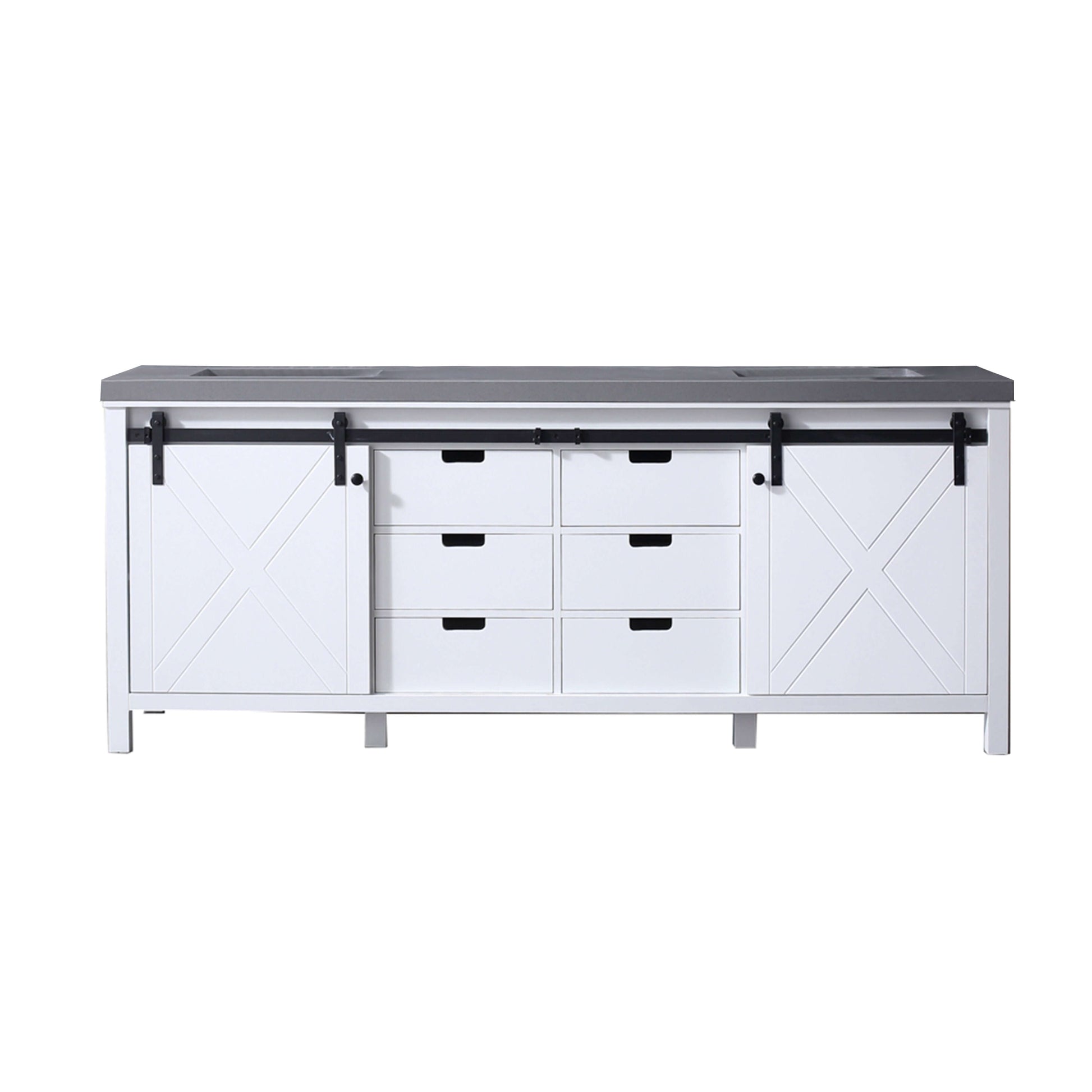 Marsyas 84" White Double Vanity, Grey Quartz Top, White Square Sinks and no Mirror - LM342284DAAS000