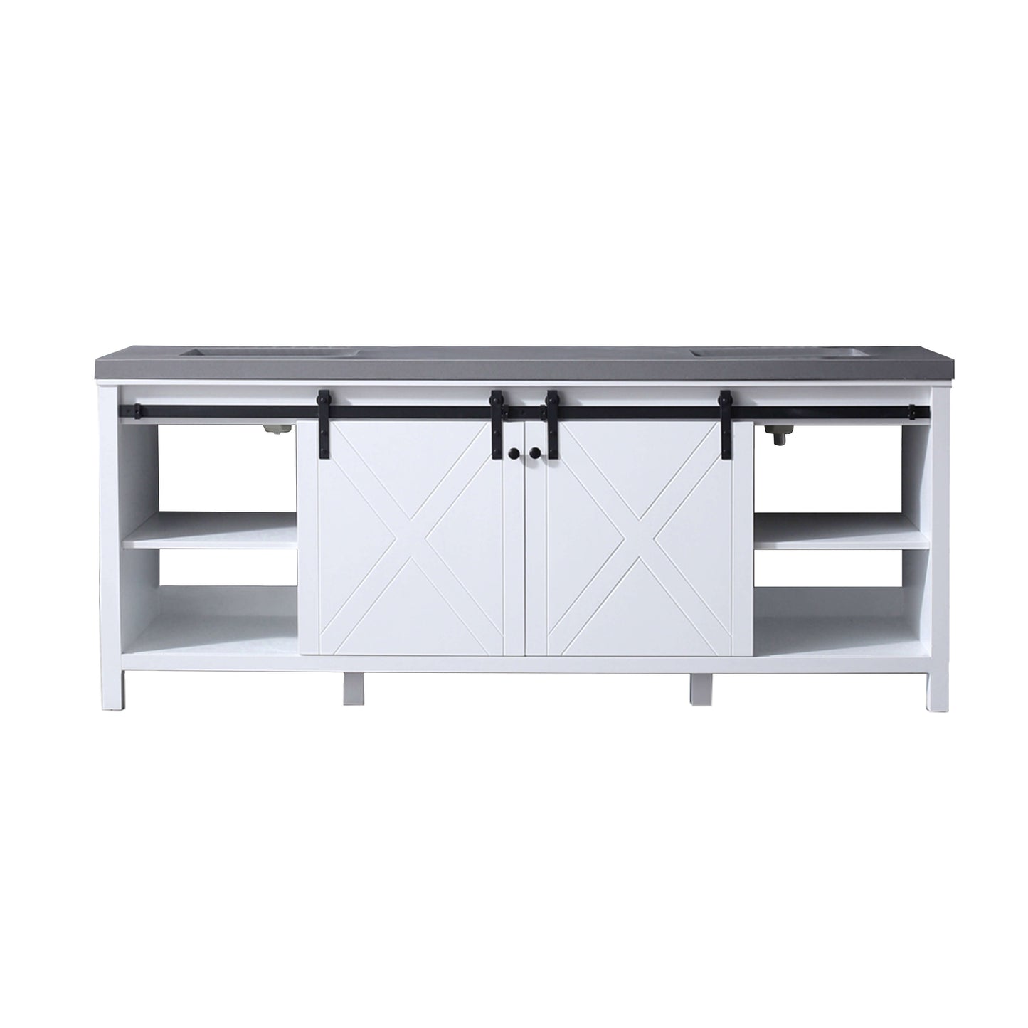 Marsyas 84" White Double Vanity, Grey Quartz Top, White Square Sinks and no Mirror - LM342284DAAS000