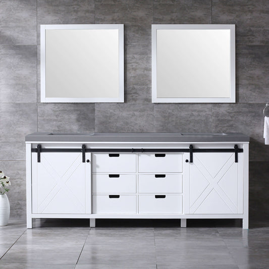 Marsyas 84" White Double Vanity, Grey Quartz Top, White Square Sinks and 34" Mirrors - LM342284DAASM34