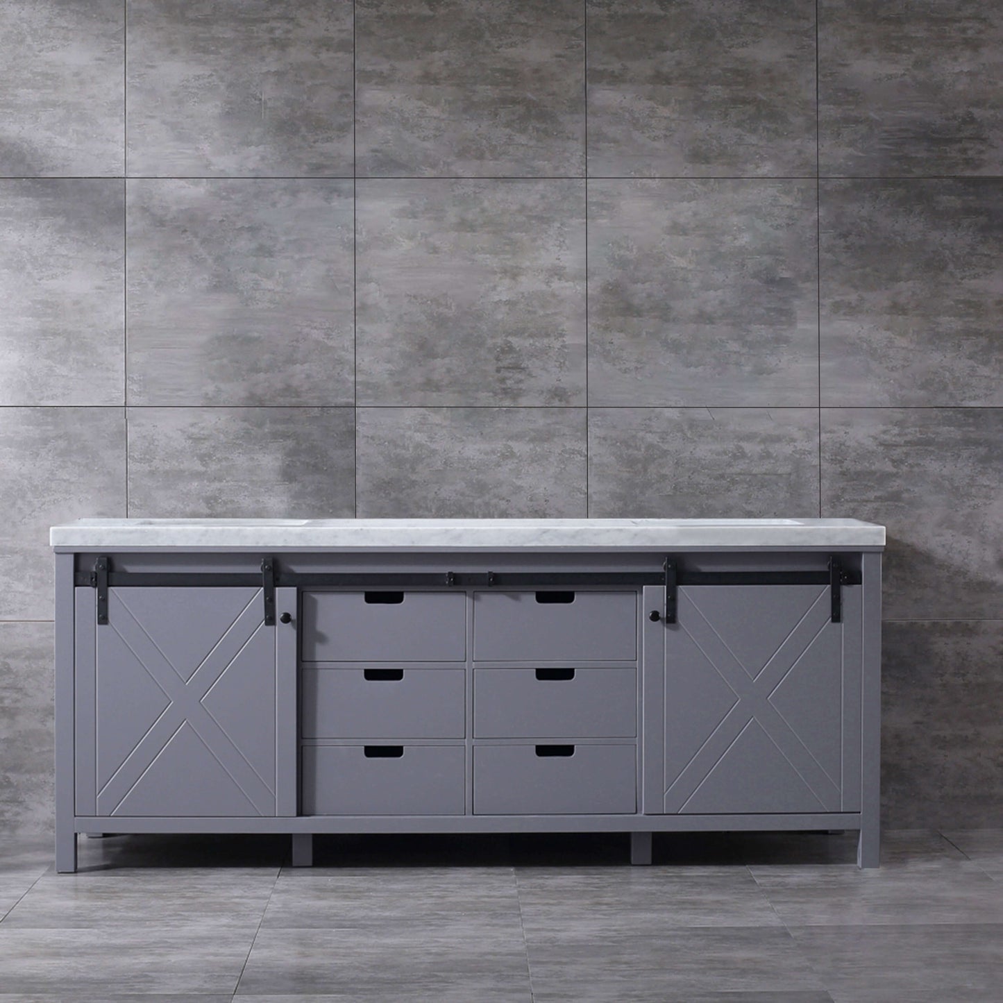 Marsyas 84" Dark Grey Double Vanity, White Carrara Marble Top, White Square Sinks and no Mirror - LM342284DBBS000