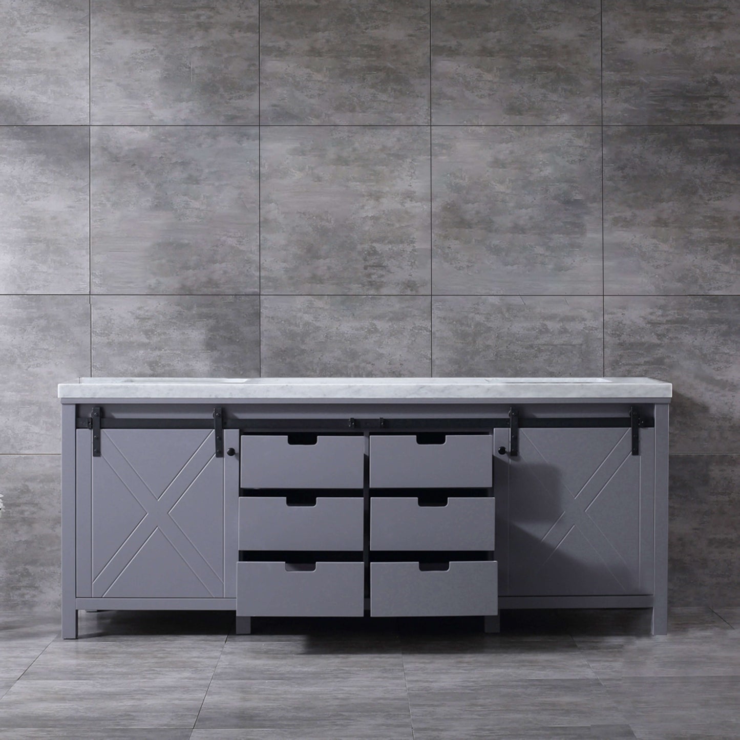 Marsyas 84" Dark Grey Double Vanity, White Carrara Marble Top, White Square Sinks and no Mirror - LM342284DBBS000