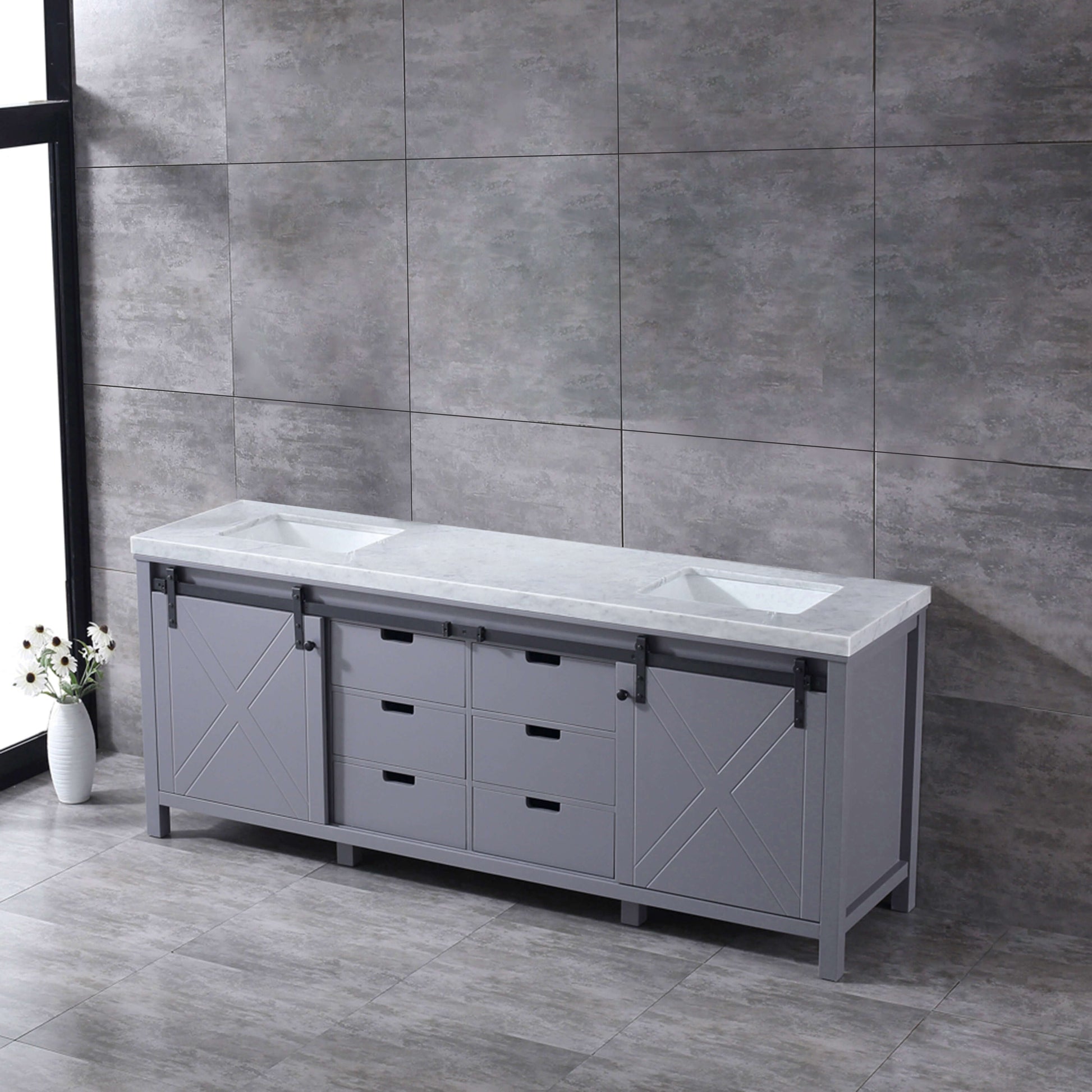 Marsyas 84" Dark Grey Double Vanity, White Carrara Marble Top, White Square Sinks and no Mirror - LM342284DBBS000